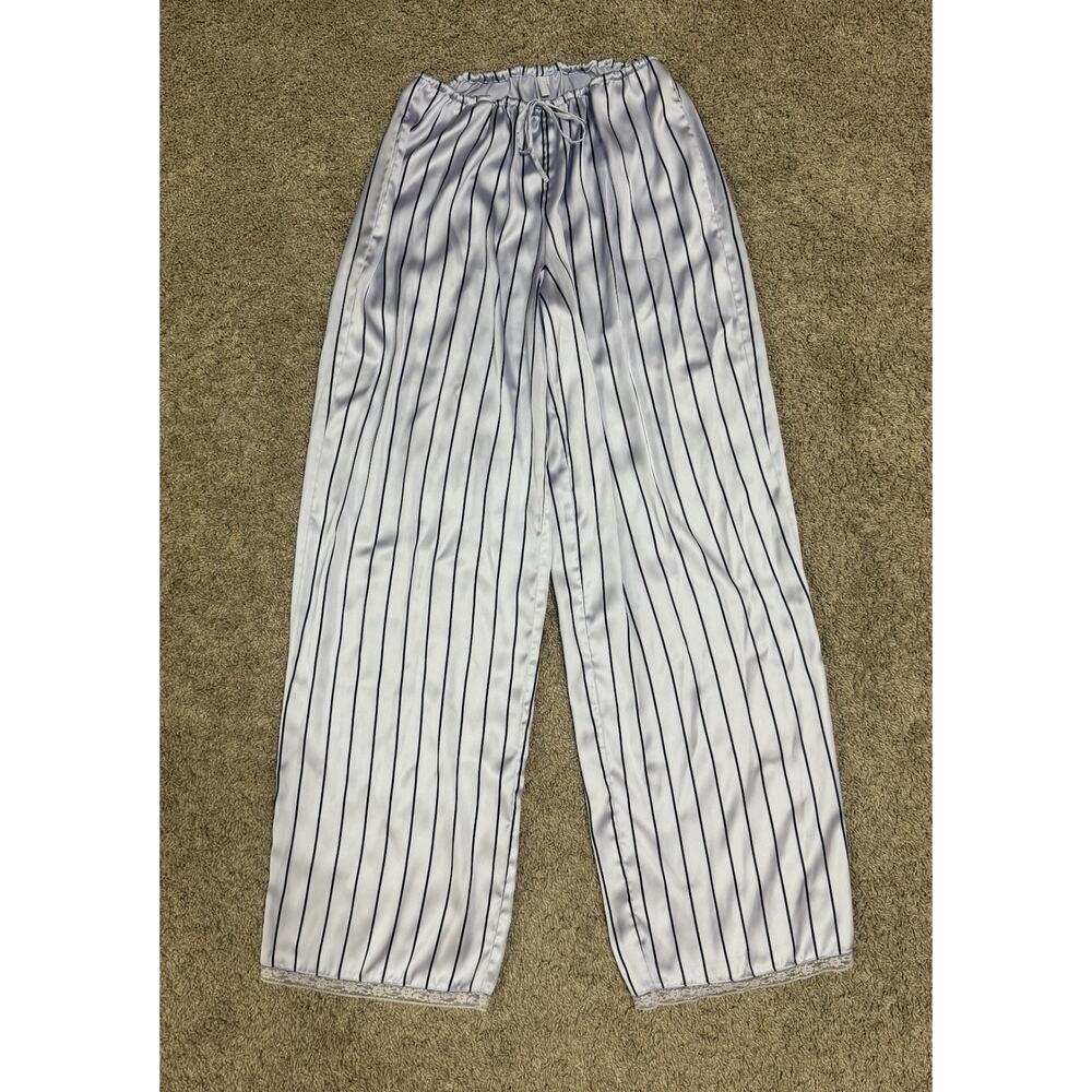SKIMS Woven Shine Sleep Lace Pants Blue Pinstripe Satin Lounge Pajama Bottoms XS - Picture 2 of 9